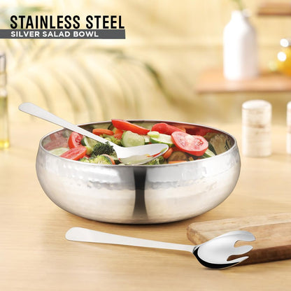 Avador® Set of 3 Premium Stainless Steel Salad Mixing Bowl Hammered Finish | Handmade | Includes Salad Serving Utensils (Stainless Steel)