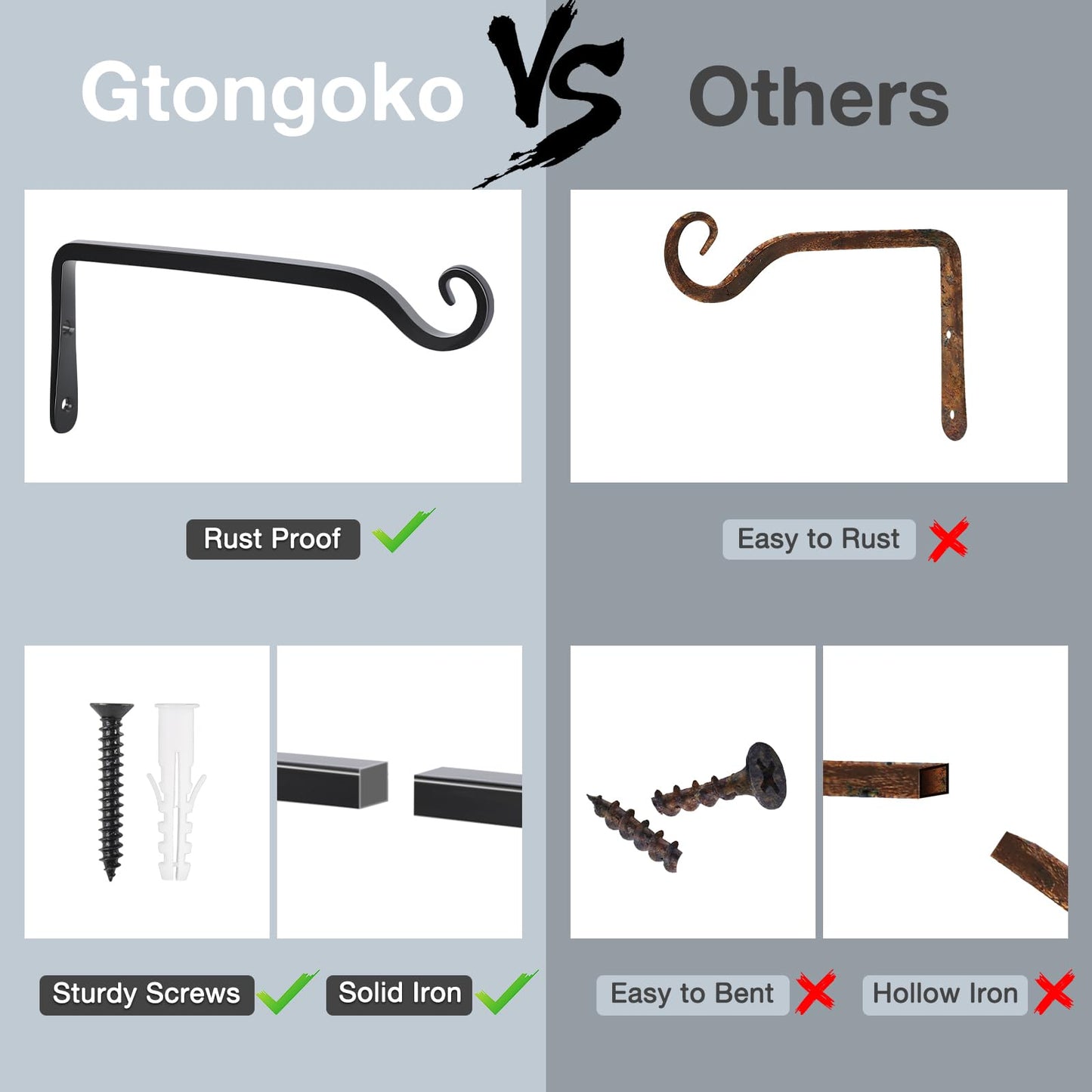 Gtongoko 2 Pack 10 Inch Plant Hangers Outdoor Metal, Plant Hooks for Wall Indoor, 48lb Capacity Outdoor Hooks for Hanging Bird Feeders, Lanterns, Wind Chime, Black