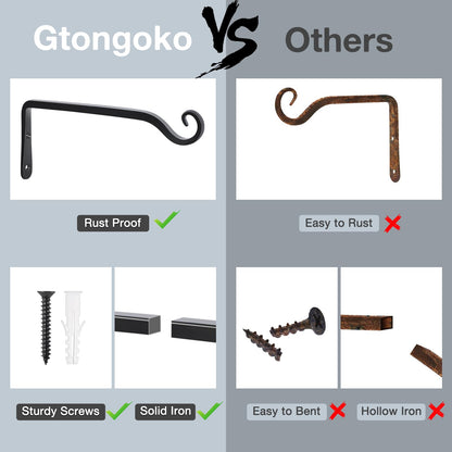 Gtongoko 2 Pack 10 Inch Plant Hangers Outdoor Metal, Plant Hooks for Wall Indoor, 48lb Capacity Outdoor Hooks for Hanging Bird Feeders, Lanterns, Wind Chime, Black