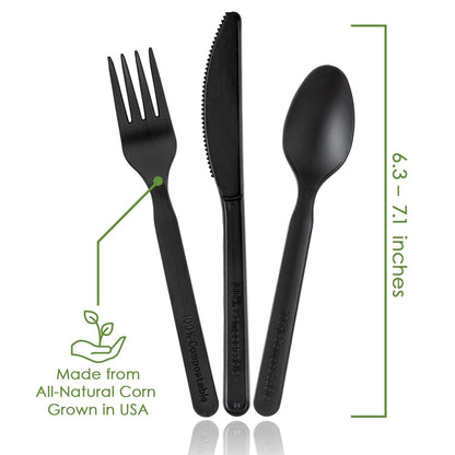 Ecovita 100% Compostable Forks Spoons Knives Cutlery Combo Set - 380 Large Disposable Utensils (7 in.) Eco Friendly Durable and Heat Resistant Alternative to Plastic Silverware with Convenient Tray
