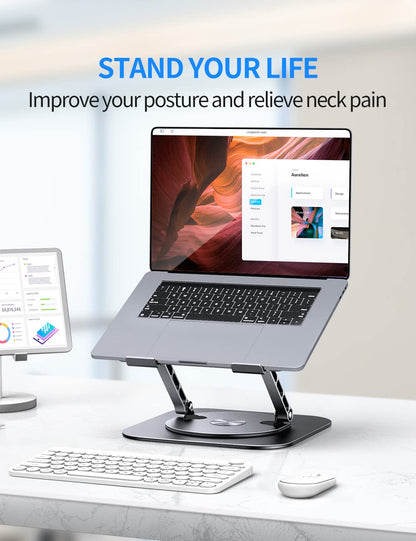 Adjustable Computer Stand with 360 Rotating Base, Ergonimic Foldable Laptop Riser for Desk Compatible with MacBook Pro/Air Notebook up to 16 Inches, Silver
