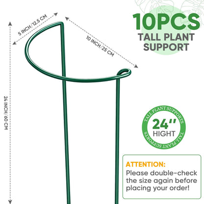 HiGift 10 Pack 24" H x 10" W Tall Plant Support Stakes, Half Round Metal Peony Cages and Supports, Monstera Plant Support Snake Plant Stake Flower Support Ring for Tomato, Hydrangea Outdoor Indoor