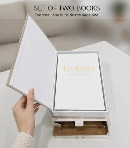 Decorative Books with Picture Frame Set - Neutral Linen Books for Home Decor - Stackable Faux/Fake Bookfor Coffee Table, shelf, entryway, Bedside - Hidden Storage Box for Remote & Photo（Set of 2）