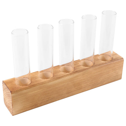 Sewroro Hydroponic Indoor Garden Glass Bud Vases with 5-Hole Wooden Stand Plant Terrarium for Desktop Office Home Décor