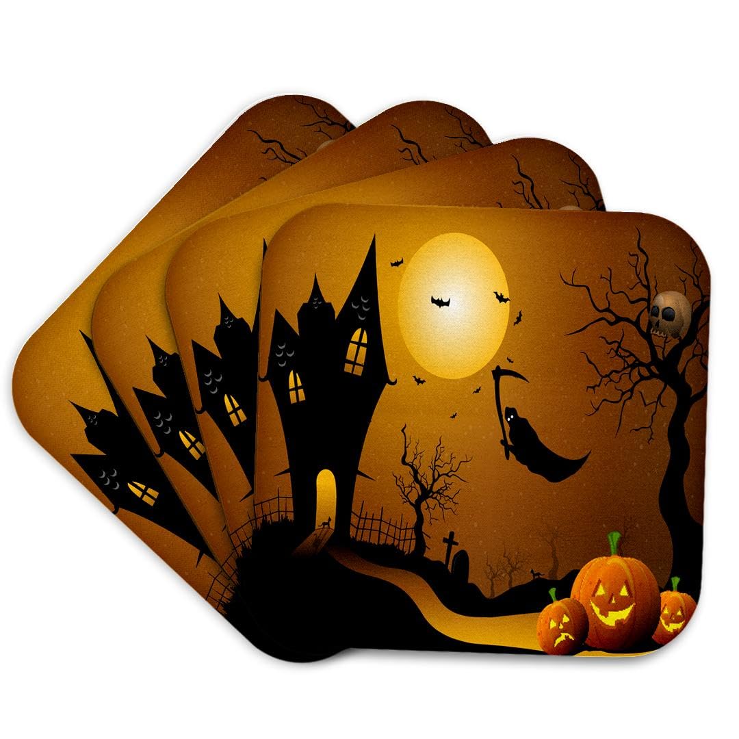 3dRose CST_152289_1 Halloween House with Pumpkins Skulls Bats and The Grim Reaper Soft Coasters, Set of 4