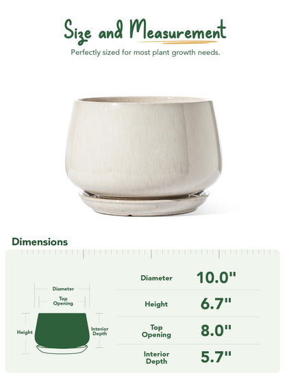 LE TAUCI Ceramic Planter, 10 Inch Plant Pot with Drainage Hole & Saucer – Durable Indoor Planter for Modern Home Decor, Reactive Glaze Beige