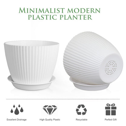 Meowell 7/6.2/5.5/5/4.5/4 inch Plant Pots, 6 Pack Flower Pots for Small Indoor Outdoor Plants, Plastic Planters with Drainage Holes and Saucers for Garden Succulent House Plants, White
