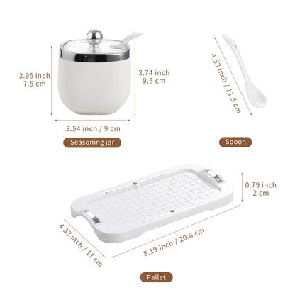 shuqiao Porcelain Condiment Jar Spice Container with Lid - Ceramic Spoon, Plastic Tray is the best clay pot for your home, kitchen, counter. White, 280 ml (9.4 oz), 2-piece set (3, Circle)