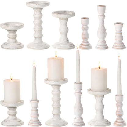 Reallnaive Wooden Candle Holders for Pillar Candles Set of 12, 2 Styles White Rustic Candlestick Stand Centerpiece Decor Fits 0.87-4" Candle Farmhouse Decorations for Fireplace Mantle