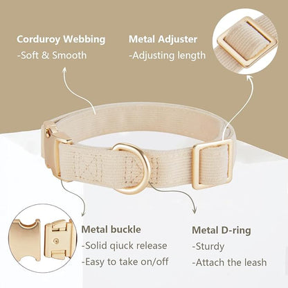 Soft Corduroy Dog Collar and Leash Set Adjustable Durable Wedding Dog Collars with Metal Buckle and Lead for Large Dogs,Beige