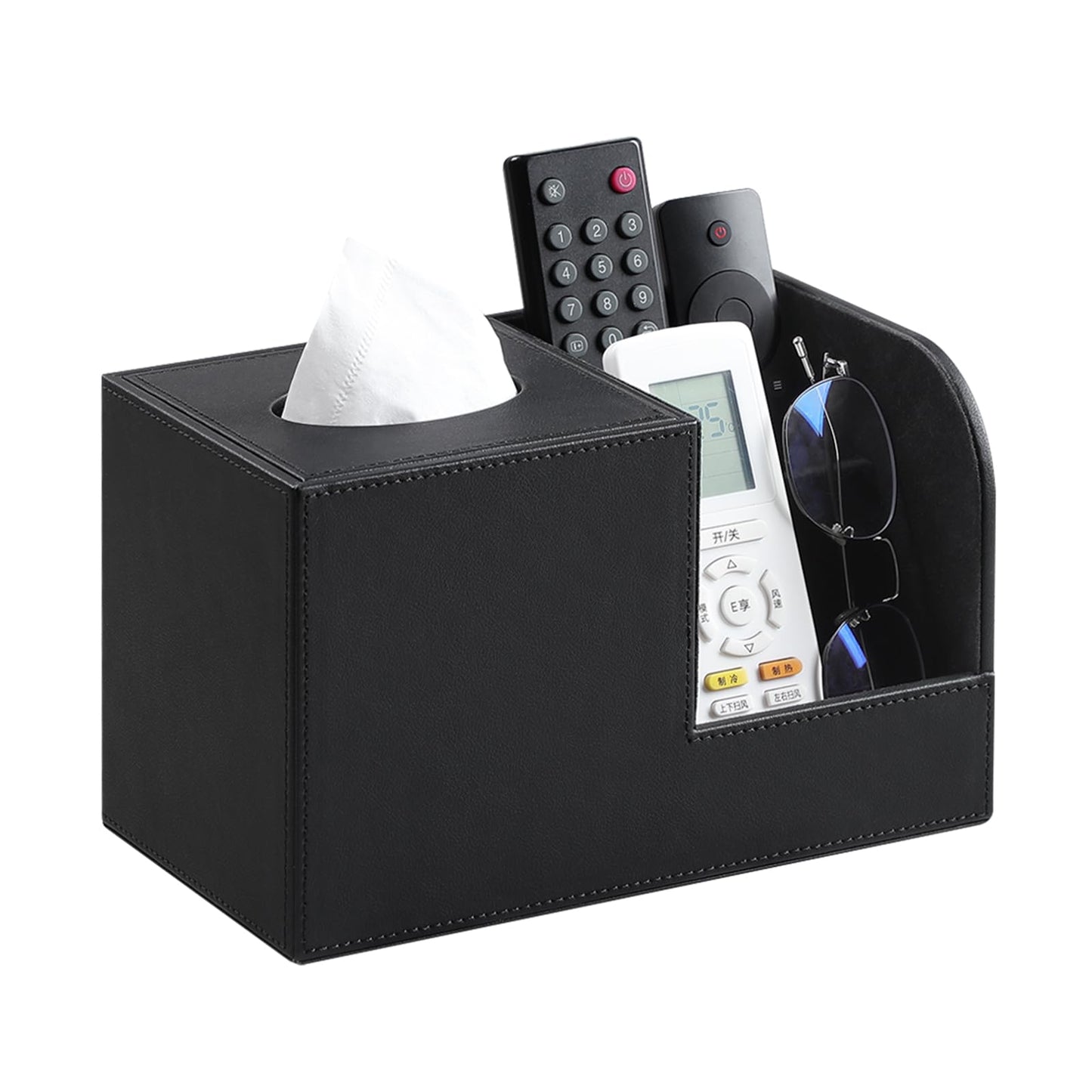 JLAMBOM PU Leather Tissue Box Cover with Remote Control Holder, Square Tissue Box Holder for Living Room Bathroom Office (Black)