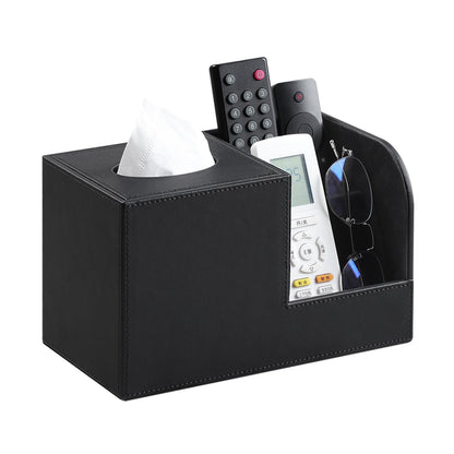 JLAMBOM PU Leather Tissue Box Cover with Remote Control Holder, Square Tissue Box Holder for Living Room Bathroom Office (Black)