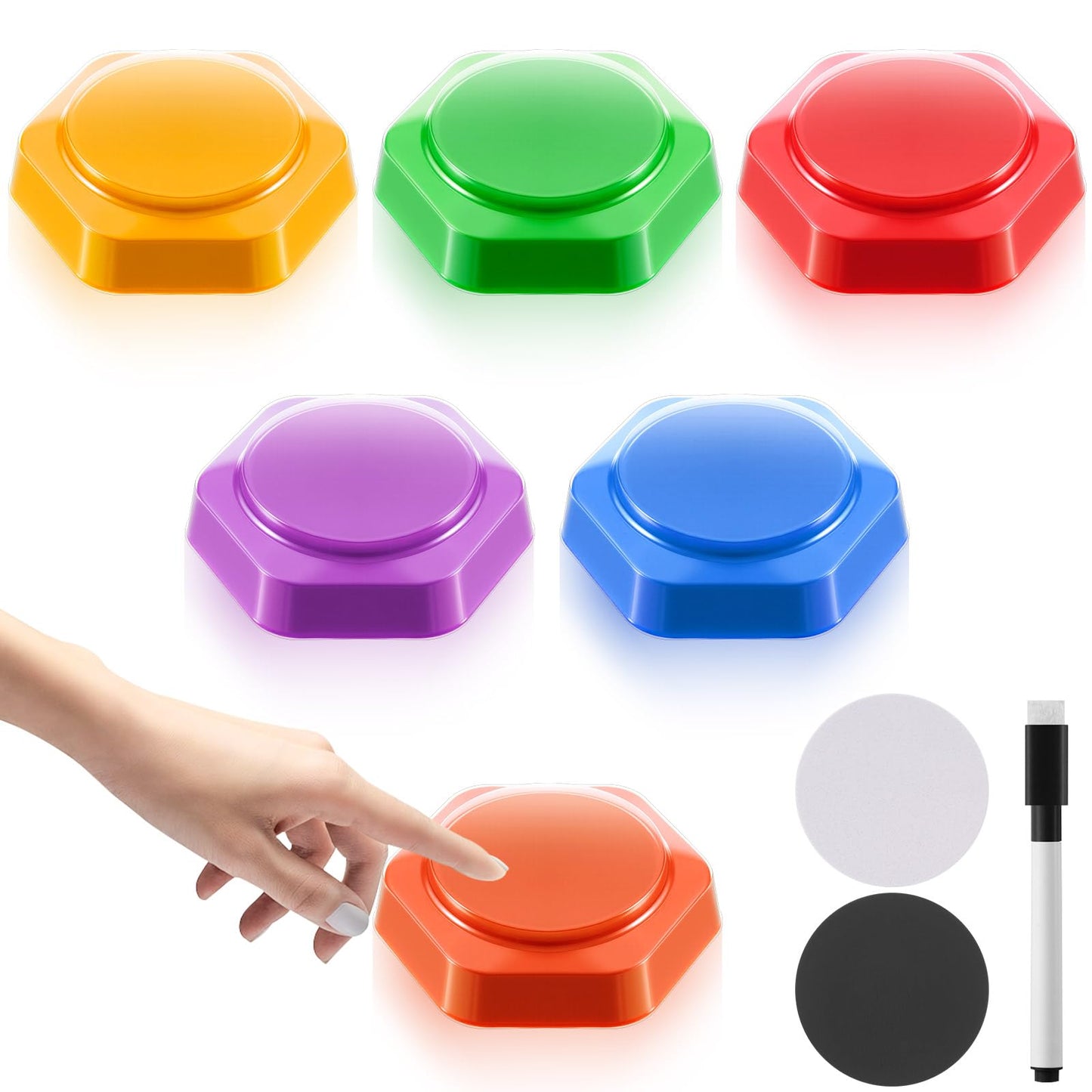 Honoson 6 Pack Recordable Answer Buzzers Voice Recording Buttons for Classroom with Reusable Transfer Stickers and Erasable Marker Pen Game Show Buzzers