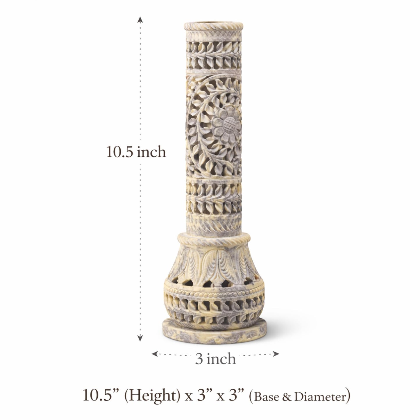 Carry Me Marble Soapstone Incense Stick Holder | Candle Burner | Tea Light Stand - Perfect Handmade Bottle Tower. Decorative Floral Carving for Gifting - Home and Office Decor - (3x3x10.5 Inches)
