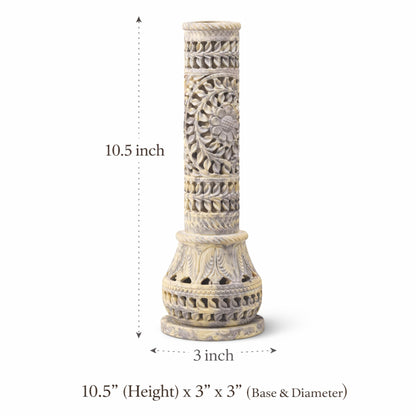 Carry Me Marble Soapstone Incense Stick Holder | Candle Burner | Tea Light Stand - Perfect Handmade Bottle Tower. Decorative Floral Carving for Gifting - Home and Office Decor - (3x3x10.5 Inches)