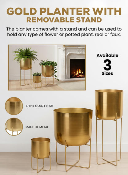 Serene Spaces Living Modern Mid‑Century Metal Indoor Planter with Stand, Gold Planter Pot, Indoor Plants – Decorative Planter Holder for Living Room, Kitchen & Office, 14" Diameter & 24" Tall