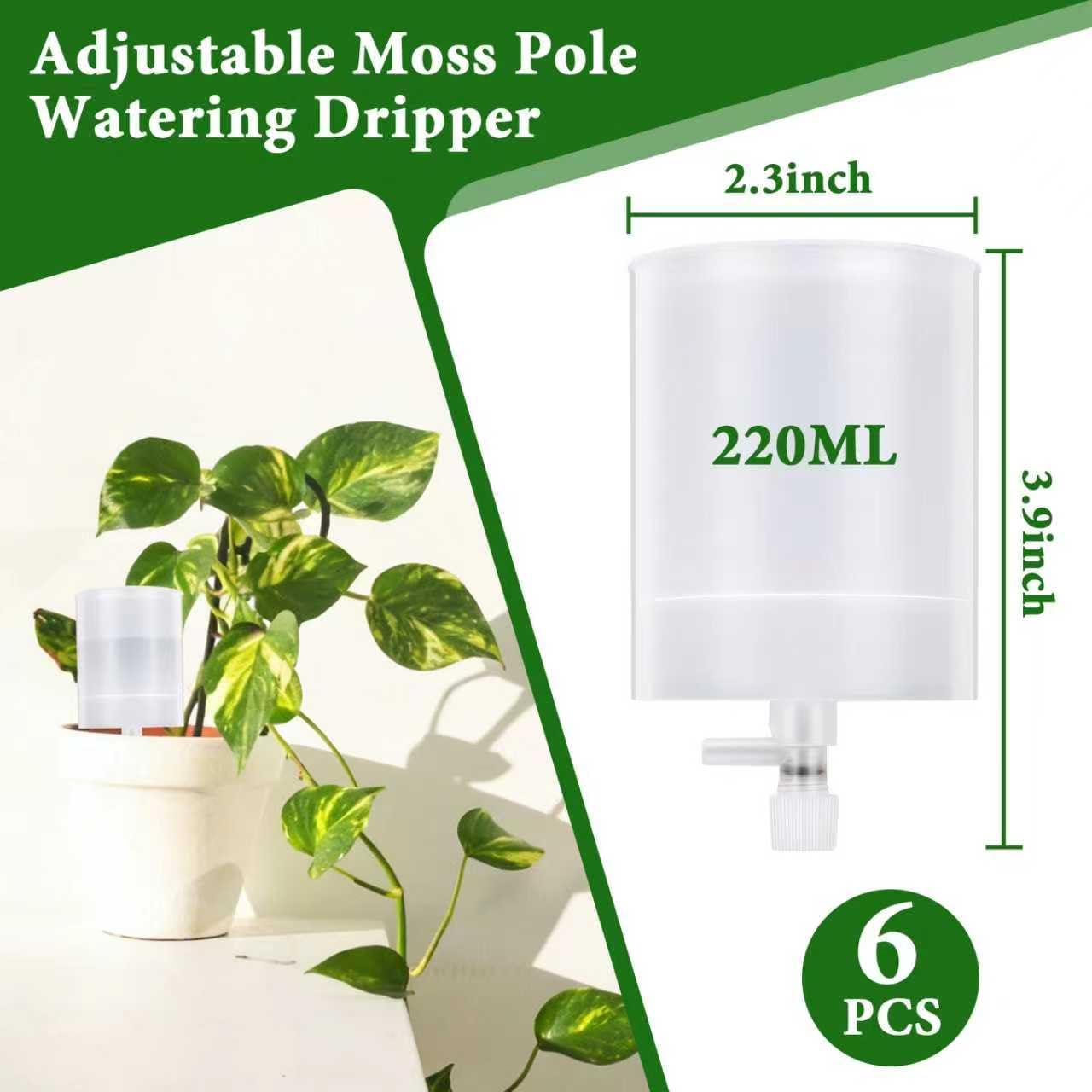 6 Pack Adjustable Moss Pole Watering Dripper, Self Watering Planter Insert with Flow Control, Plant Watering Globes Devices, Slow Release Self Watering Spikes for Monstera Epipremnum