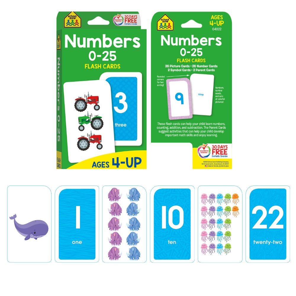 School Zone Preschool 4-Pack Flash Cards: 224 Cards, Pre-K, Colors, Shapes, Numbers 0-25, Old Maid Numbers, Kids Game Cards, Puzzle Cards, Counting, Rhyming Words, Readiness Skills, Ages 4+
