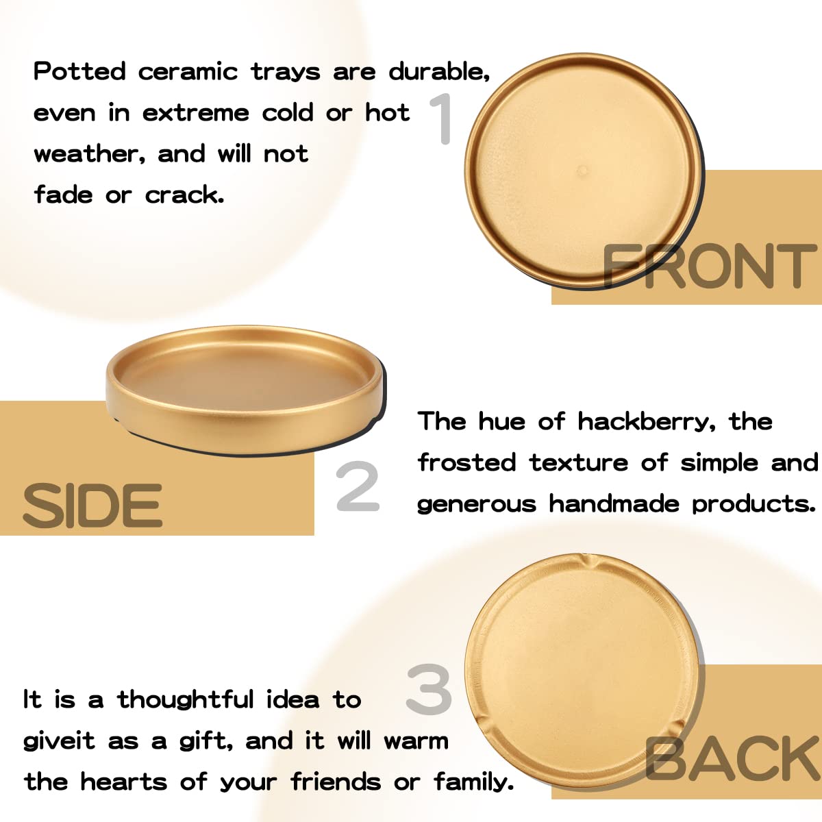 LCJAOF 2PCS Round Ceramic Plant Saucer-7 Inch Flower Pot Drip Tray, Perfect for Various Flowers, Enhancing Home Aesthetics（Gold）