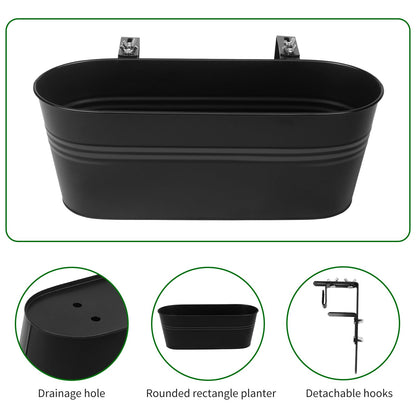 Holensun Railing Planter Box 16 Inch Metal Balcony Planters with Adjustable Brackets and Drainage Window Balcony Fence Deck Hanging Flower Pots for Outdoor Plants Apartment Patio Decor Black(4PCS)