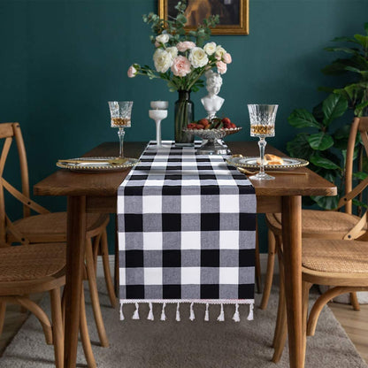 DUOBAO Black and White Checkered Table Runner 108 inches Long Halloween Tablecloth-Runners Buffalo Plaid Fabric with Tassels Gingham for Tables Outdoor Indoor Wedding Birthday Party (2pcs 14x108-Inch)