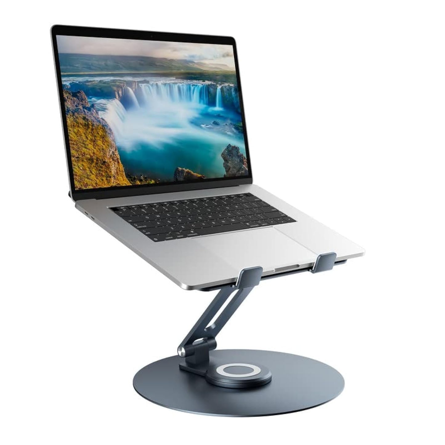 Swivel Laptop Stand for Desk, Adjustable Height Aluminum Computer Stand with 360 Rotating Base, Foldable Ergonomic Riser, Portable Laptop Holder Compatible with MacBook, All Laptops 10-17'', Grey