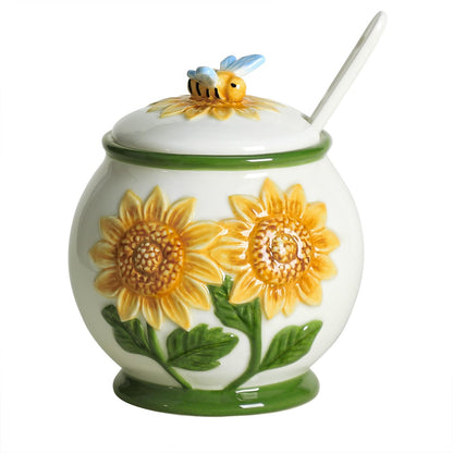 WAIT FLY Embossed Sunflower and Bee Ceramic Sugar Bowl with Lid and Spoon, Sugar Container, Sugar Jar for Kitchen Countertop, Coffee Bar-A