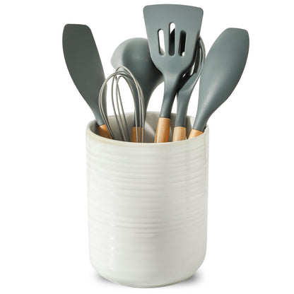 HASENSE Large Utensil Holder, 7.4" x 6.2" Ceramic Utensil Holder for Kitchen Counter, Utensil Oganizer for Utensil Set, Farmhouse Cooking Utensil Crock for Kitchen Decor, Clay-Infused White