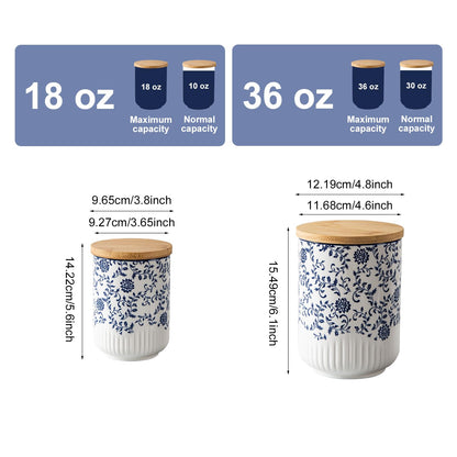 Cerkik Canisters Sets for the Kitchen - 2 Pcs 36/18 oz Ceramic Kitchen Containers for Countertop with Airtight Wood Lids - Flour and Sugar Containers for Coffee Tea Spice Beans Cookie Jars - Blue