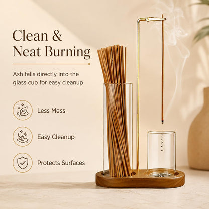 Incense Holder for Sticks, Wooden Incense Burner with Glass Ash Catcher, Anti-Ash Vertical Incense Stick Holder for Meditation Yoga Spa Home Decor