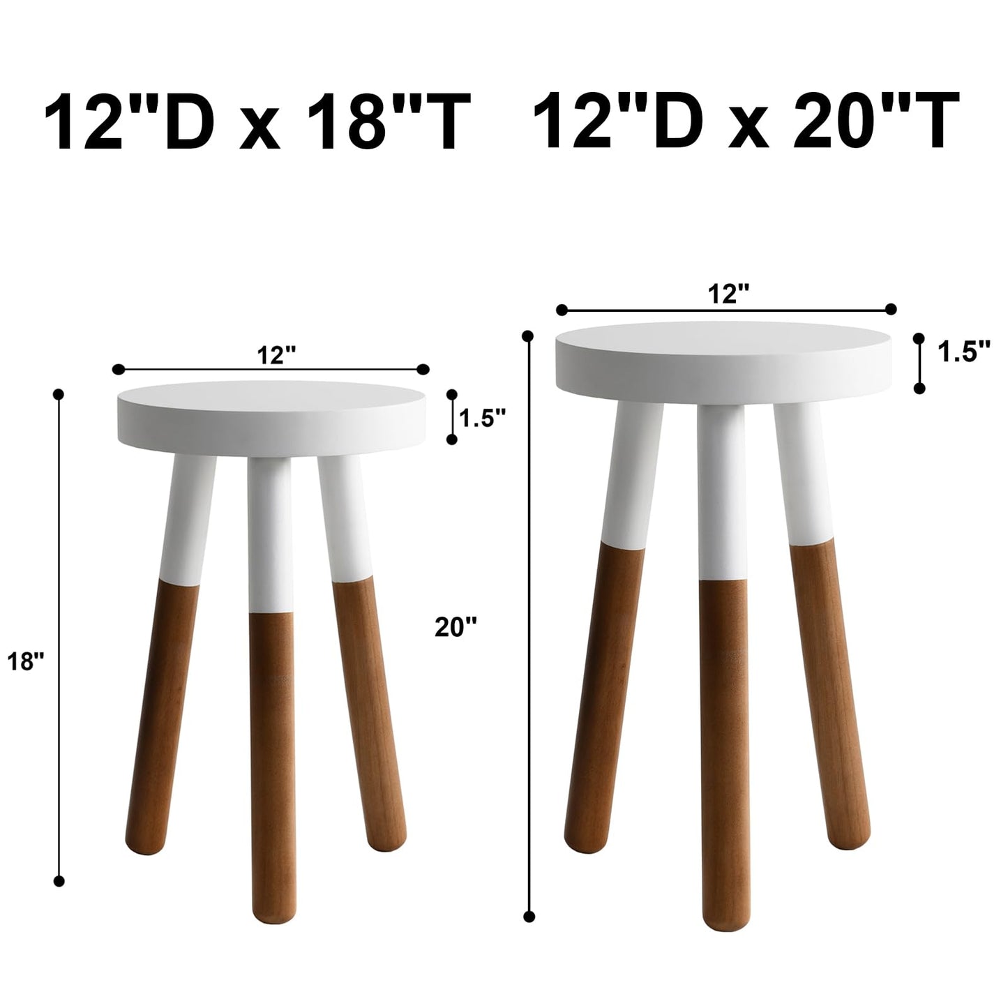 LitaEther 12" Reverse Dipped Wood Plant Stand, Wood Accent Stool,Milking Stool Drinking Table Small Side Table Set (18"+20" Tall)