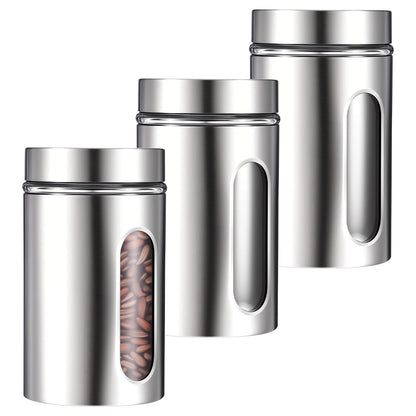 3 Pack Large Kitchen Canisters Set Airtight Coffee Sugar Tea Candy Storage Jars with Window Glass Stainless Steel Containers with Lids for Flour Cookies Spices Grains Kitchen Decorations(32oz)