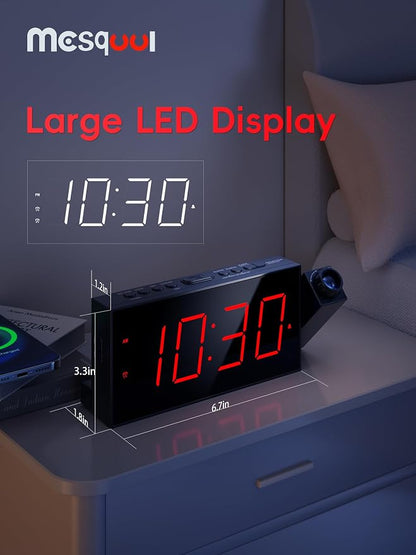 Mesqool Projection Alarm Clock with Bed Shaker, 7" LED Display, 180° Projector, 5-Level Dimmer, USB Phone Charger, Battery Backup, Loud Vibrating Alarm Clock for Heavy Sleepers, Snooze, DST