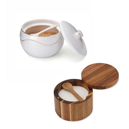 KITCHENDAO Porcelain Sugar Bowl and Acacia Wood Salt Cellar Bowl Box with Spoon