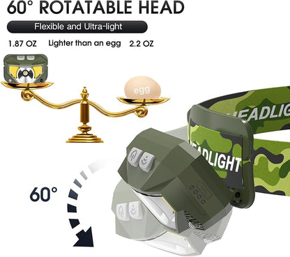 LHKNL Headlamp Flashlight, Lumen Ultra-Light Bright LED Rechargeable Headlight with White Red Light,2-Pack Waterproof Motion Sensor Head Lamp,8 Mode for Outdoor Camping Running Fishing- Green