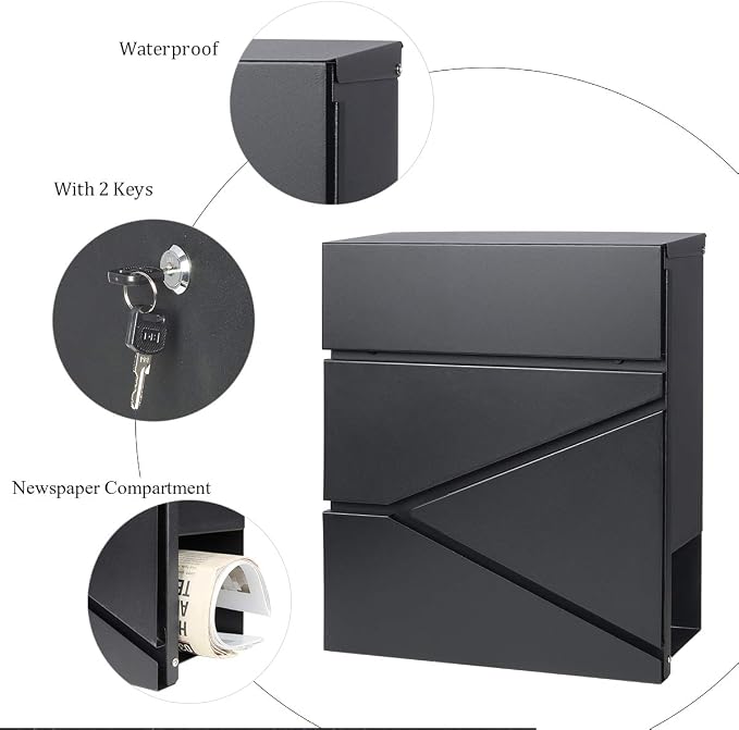 Jssmst Locking Mailbox Wall Mount- Waterproof mailboxes with Secure Key Lock and Newspaper Compartment, Key Lock Drop Box Extra Large Capacity, 12.9 x 4.1 x 14.2 Inch, Black, SM-HPB933 New