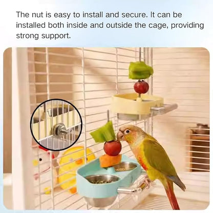 Bird Feeder Birds Bowls Stainless Steel Dishes Coop Cups with Fruit Skewer, Parrot Feeding Dish Cups Food Water Bowls with Bird Food Holder for Budgies Lovebirds (Yellow,Oval)