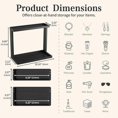 PEKER Bamboo Bathroom Organizer Countertop – Small Vanity Storage Shelf for Makeup, Perfume, Skincare – Natural Cosmetics Display Rack for Dresser, Sink, Kitchen –Black
