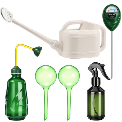 Reallnaive 6-piece Indoor Watering Can Set – 1 Gal Can, 6.8 oz Spray, 15 oz Squeeze, Plant Watering Globes & Soil Moisture Meter, Indoor & Outdoor Plant Care(White)