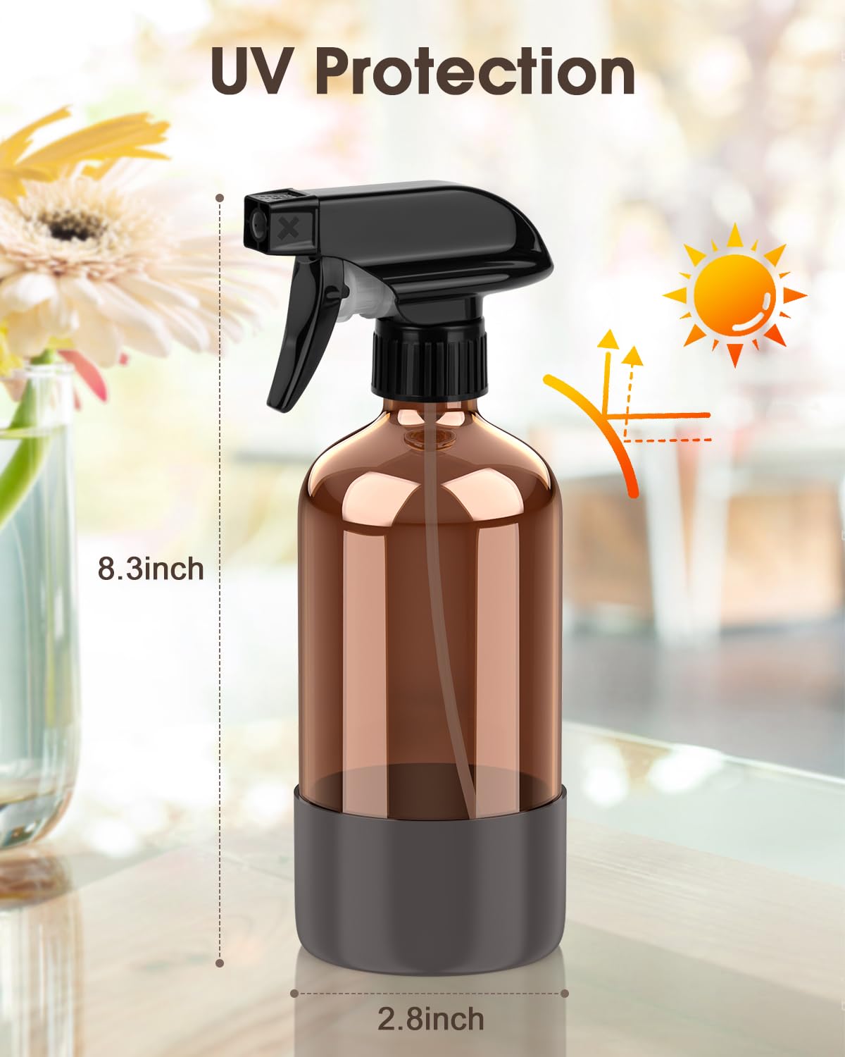Bontip Glass Spray Bottle with Silicone Sleeve Protection, Amber Glass Spray Bottle Set for Window Cleaner Aromatherapy Facial Hydration Watering Flowers Hair Care 2 Pack/16 oz (Brown & Grey, 16 oz)
