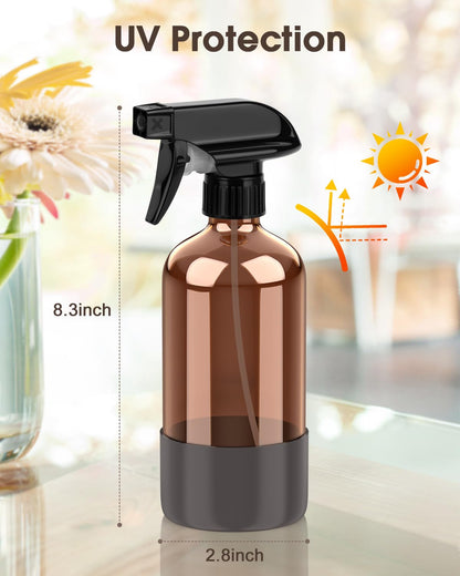 Bontip Glass Spray Bottle with Silicone Sleeve Protection, Amber Glass Spray Bottle Set for Window Cleaner Aromatherapy Facial Hydration Watering Flowers Hair Care 2 Pack/16 oz (Brown & Grey, 16 oz)