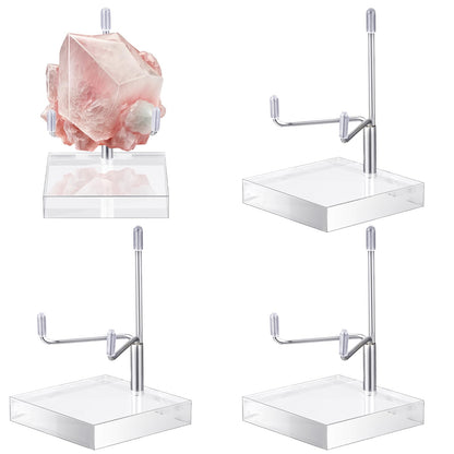 Suzile 4 Pcs Adjustable Metal Arm Display Stand Easel with Acrylic Base Rock Display Easel Holder Acrylic Crystal Clear Plate Stand for Geodes Mineral Agate(Silver,2.8 x 2.8 x 4 Inch)