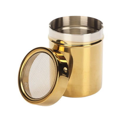 Stainless Steel Powder Shaker, Coffee Cocoa Dredges with Fine Mesh Lid, 2.8 x 3.5 inch Powder Sugar Shaker for Coffee Cocoa Chocolate Cinnamon, Gold