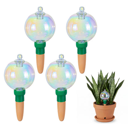 Hewory Glass Plant Watering Globes: 4 Pcs Iridescent Water Bulbs for Indoor/Outdoor Plants - 9oz Watering Devices with Terracotta Water Spikes