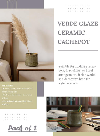 Serene Spaces Living Verde Glaze Ceramic Cachepot – Plant Holder for Indoor Planters, Faux Plants, Shelf & Table Home Décor, Flower Vase, 5" Dia (4" Opening & 4.8" Base) & 4.5" Tall, Pack of 2