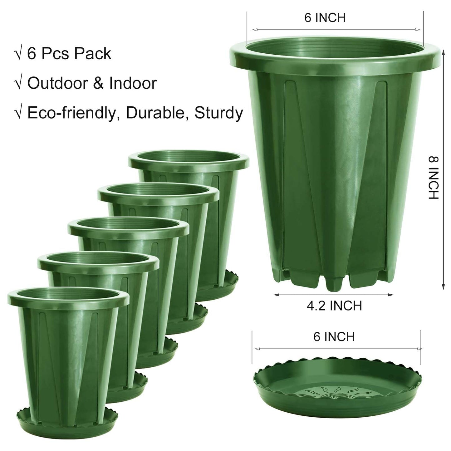 S SUSANN 6 inch Plant Pots, 6 Pack Flower Pots Outdoor Indoor, Planters with Efficient Drainage and Ventilation Holes (Green)