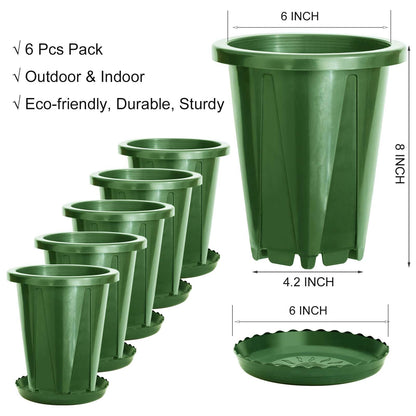 S SUSANN 6 inch Plant Pots, 6 Pack Flower Pots Outdoor Indoor, Planters with Efficient Drainage and Ventilation Holes (Green)