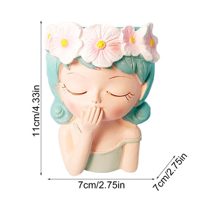 Flower Face Planter - Head Planter, Face Planters | Resin Planter with Drainage, Painted for Girl, Eyes Closed, Cactus Vase for Balcony, Indoor Outdoor Garden