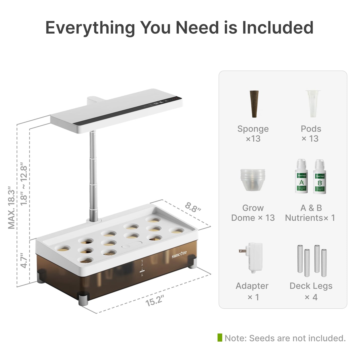 SUNCOZE Hydroponics Growing System Kit 13 Pods, Indoor Garden with Dimmable Grow Light, 4L Visible Water Tank with Adjustable Height to 12.8",Digital Timer & Water/Nutrient Reminder, Gardening Gifts