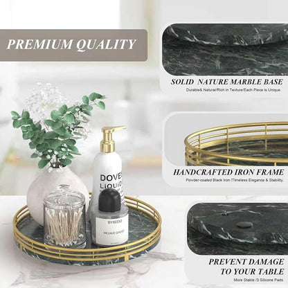 Green Marble Lazy Susan Turntable for Table Top – 10” Round Marble Tray Organizer for Dining Table, Kitchen Countertop & Bar, Luxury Stone Serving Tray with Gold Frame